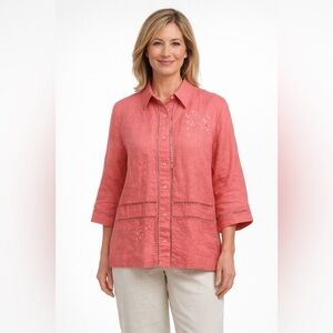 Jordan Coral Pink Linen Button-Up Blouse M | 3/4 Sleeve Coastal Boho Cottagecore